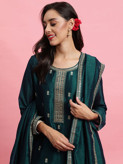 Dhiyona IE Ethnic Motifs Embroidered Sequinned Straight Kurta & Trousers With Dupatta