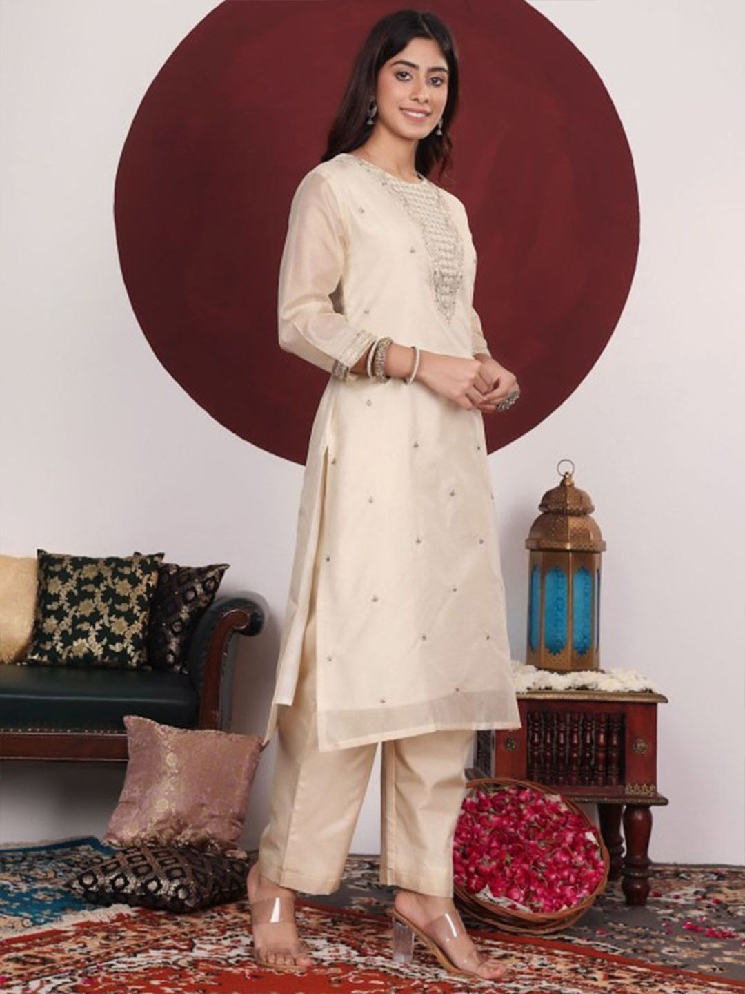 Dhiyona VA Women's Floral Woven Design Thread Work Kurta with Trousers & Dupatta