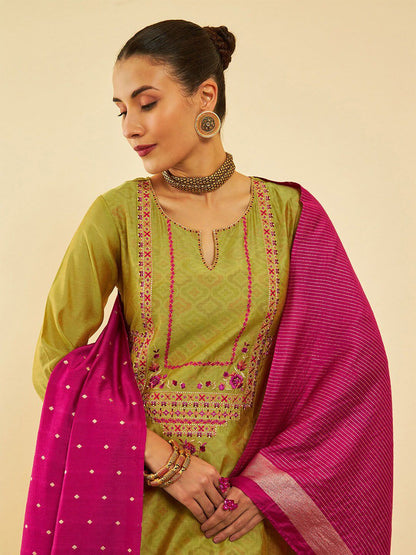 Dhiyona SO Women's Olive Floral Embroidered Thread Work Layered A-Line Kurta With Trousers & Dupatta