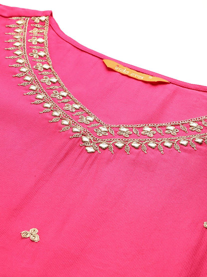 Dhiyona IE Embroidered Liva Kurta with Trousers & With Bandhani Print Dupatta