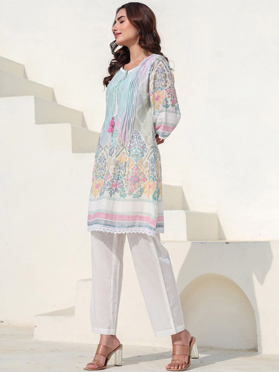 Dhiyona IE Floral Printed Pure Cotton Tunic With Trousers Co-Ords
