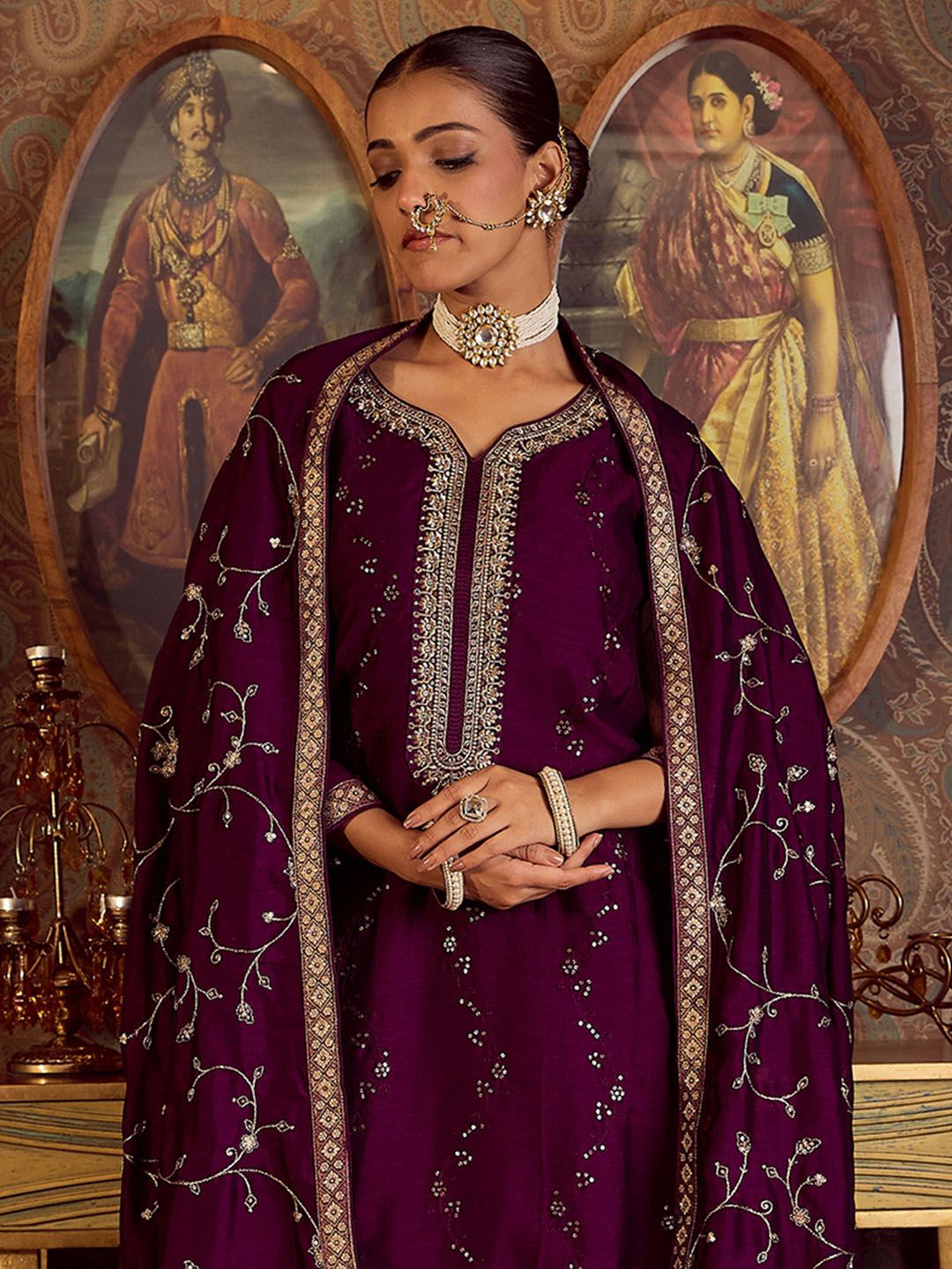Dhiyona IE Floral Embroidered Zari Kurta with Trousers & Dupatta