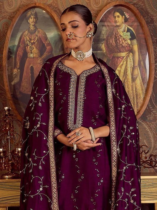 Dhiyona IE Floral Embroidered Zari Kurta with Trousers & Dupatta