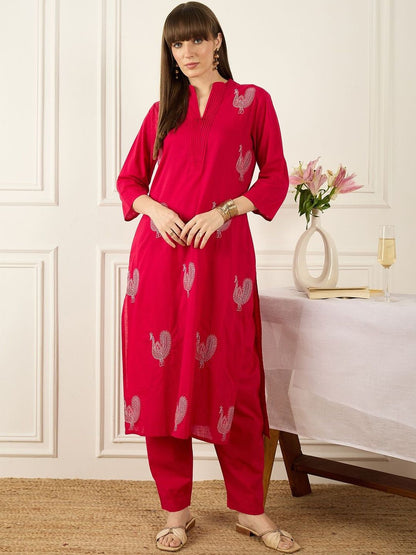 Floral Printed Thread Work Pure Cotton Kurta With Palazzos