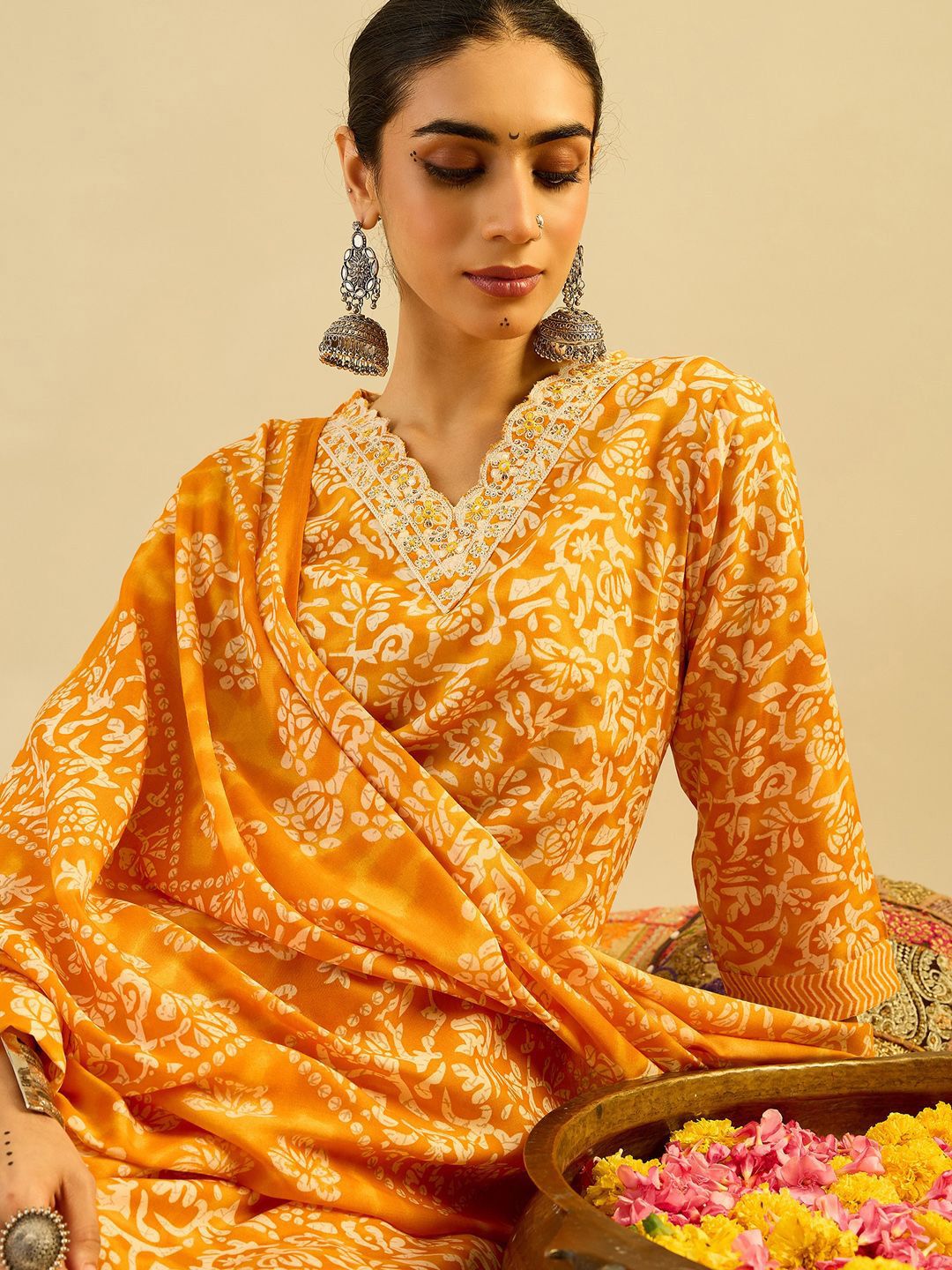 Dhiyona IE Mustard Yellow Floral Printed V-Neck Thread Work Kurta with Trousers & Dupatta