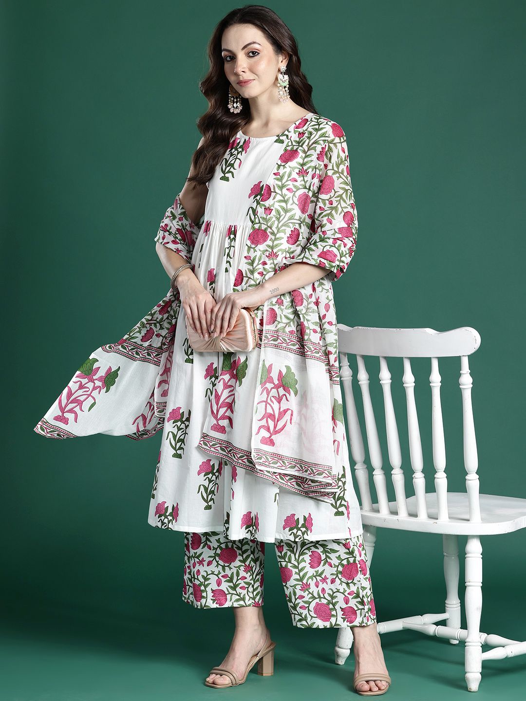 Dhiyona IE Women Floral Printed Pleated Pure Cotton Kurta with Palazzos & With Dupatta