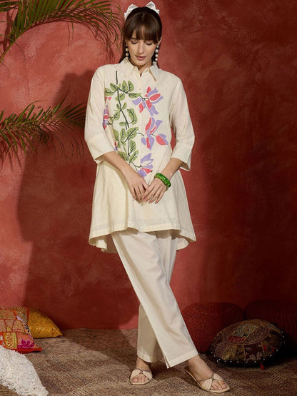 Dhiyona IE Floral Printed Shirt Collar A-Line Pure Cotton Kurta With Trousers
