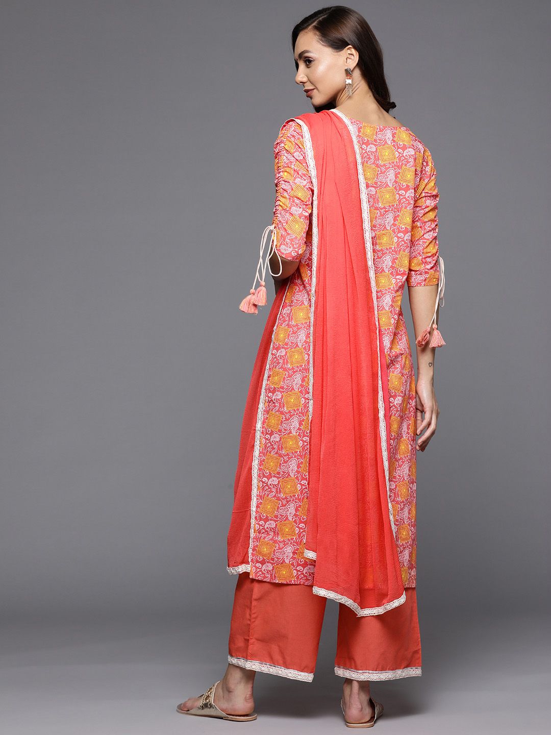 Women Coral Red Ethnic Motifs Printed Kurta with Trousers & With Dupatta