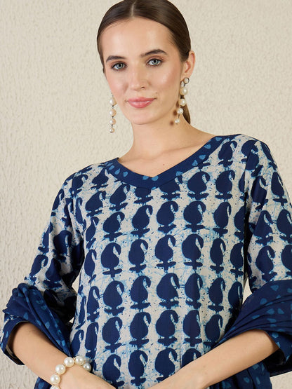 Women Paisley Printed Pure Cotton Kurta with Trousers & Dupatta
