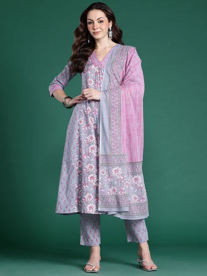 Dhiyona IE Floral Printed Pure Cotton Kurta with Trousers & Dupatta