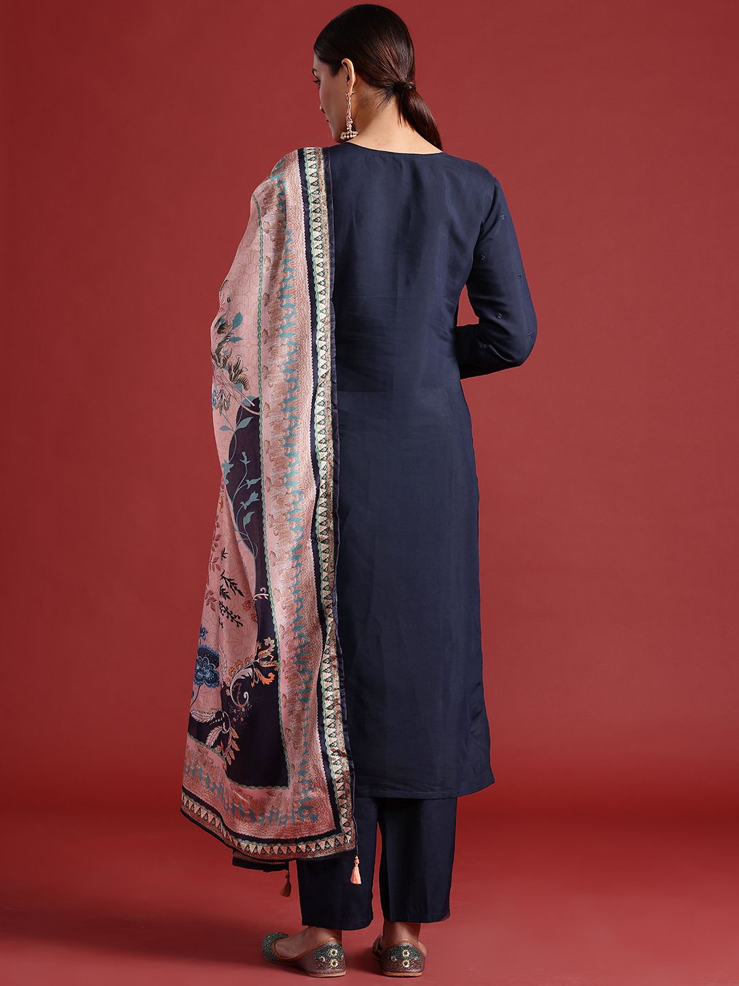 Floral Embroidered Thread Work Kurta With Trousers & Dupatta