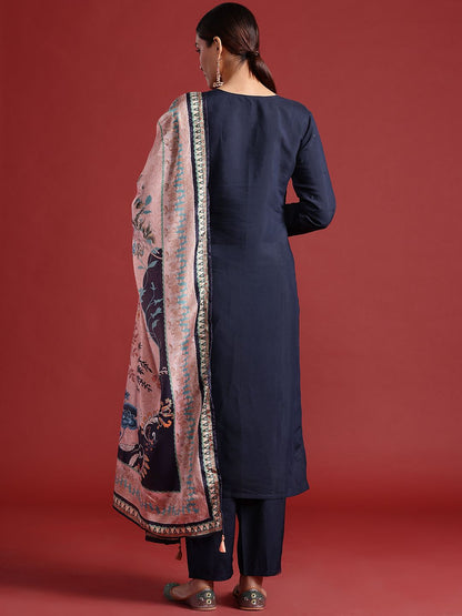 Floral Embroidered Thread Work Kurta With Trousers & Dupatta