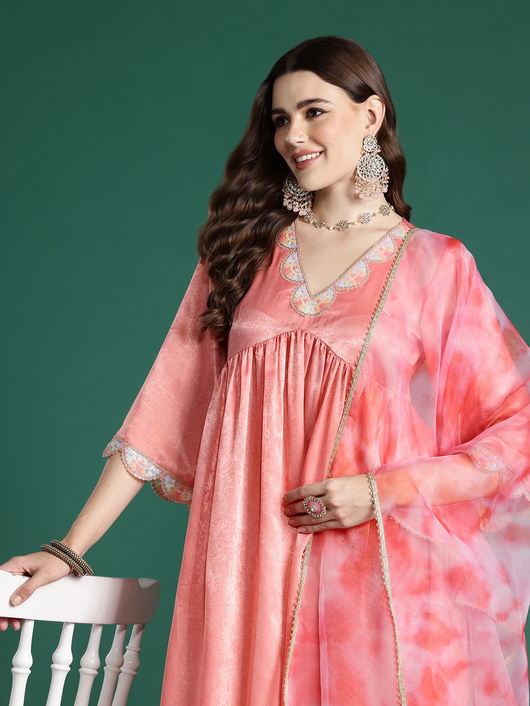 Dhiyona SN Women's Empire Sequinned Sheen Kurta Set With Dupatta