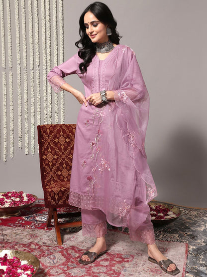 Dhiyona VA Women'sFloral Embroidered Thread Work Detail Straight Kurta & Trousers With Dupatta