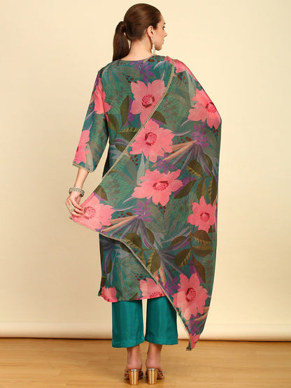 Dhiyona SO Women's Green Floral Printed Regular Beads & Stones Kurta With Trousers & Dupatta