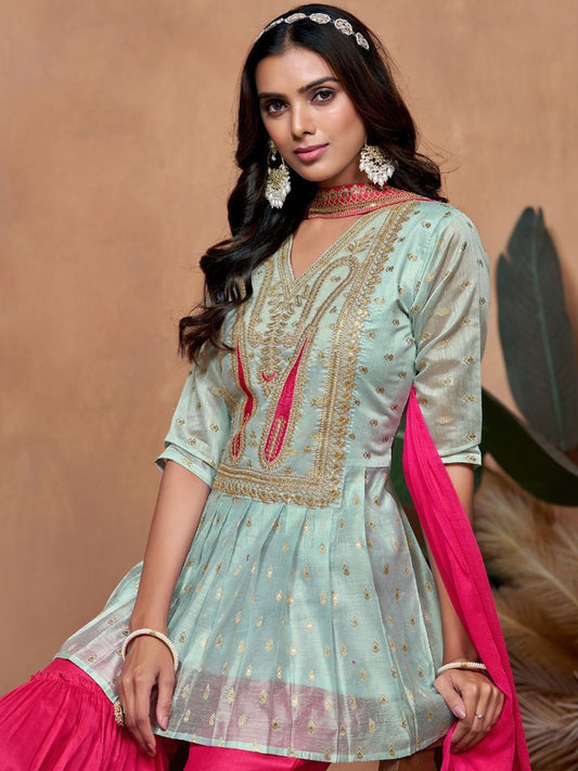 Dhiyona SN Women's Paisley Embroidered V-Neck Short Sleeves Chanderi Silk Kurta & Sharara & Dupatta