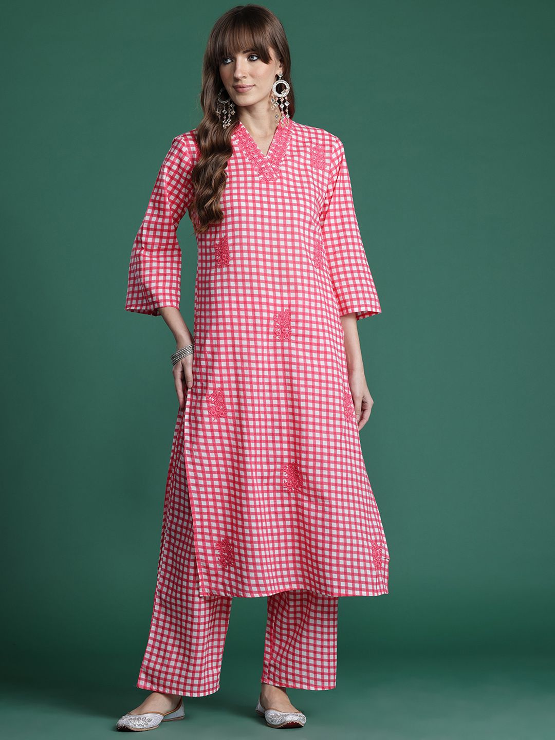 Dhiyona IE Checked Thread Work Pure Cotton Kurta with Trousers