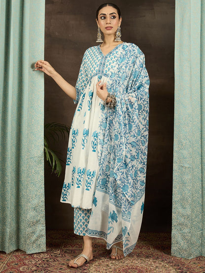 Dhiyona IE Floral Printed Empire Pure Cotton Kurta With Trousers & Dupatta