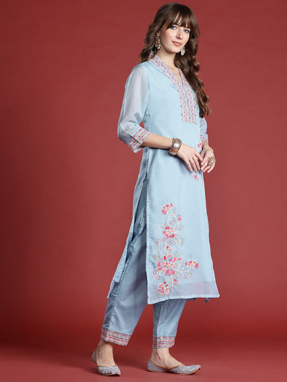 Dhiyona IE Floral Embroidered Sequinned Kurta with Trousers & With Dupatta
