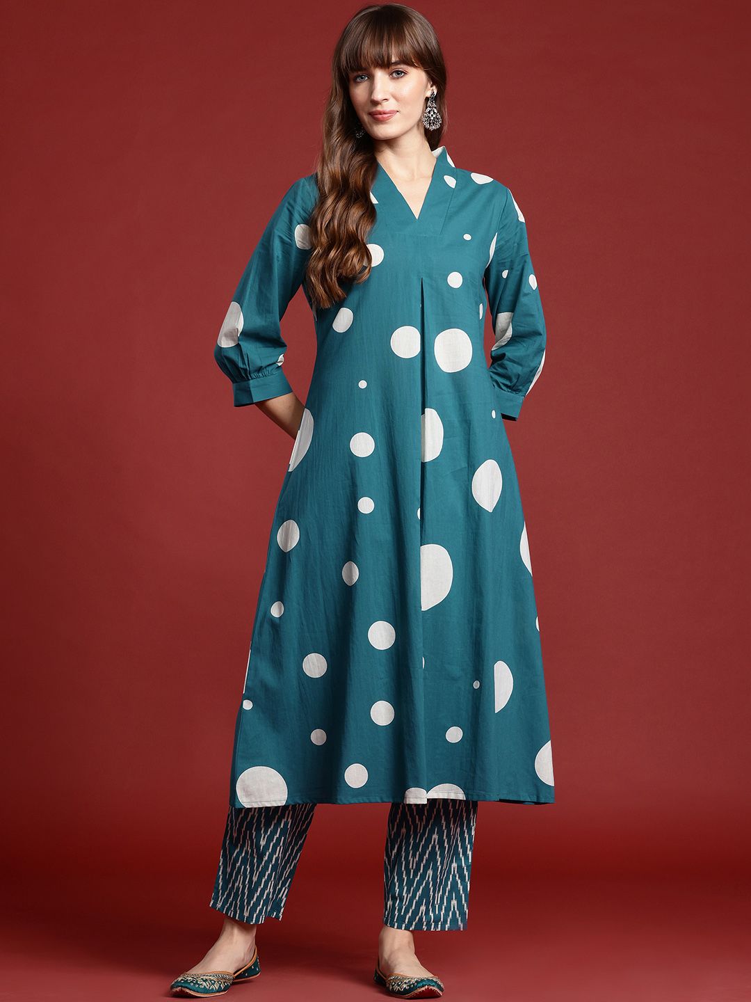 Printed Pleated Pure Cotton Kurta with Trousers
