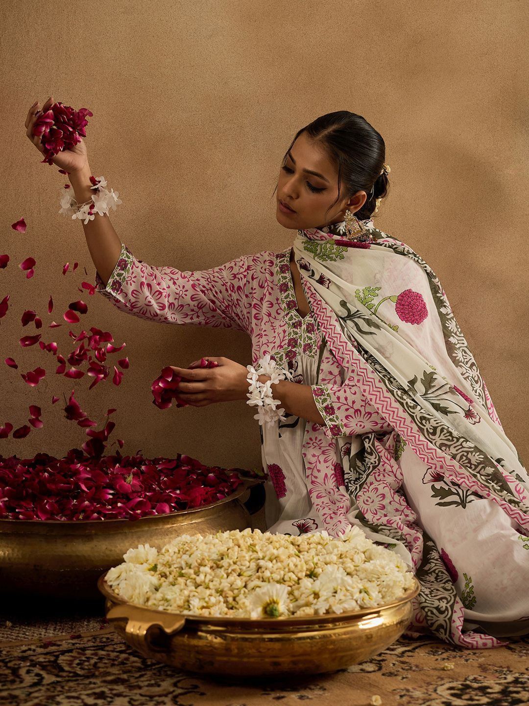 Floral Printed V-Neck Cotton Empire Anarkali Kurta With Trousers & Dupatta