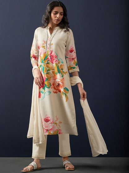 Women Floral Printed Regular Linen Kurta with Trousers & With Dupatta