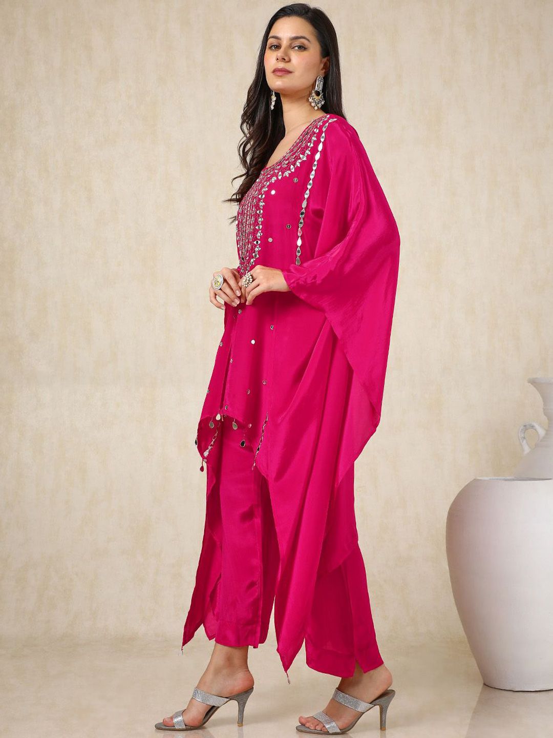 Dhiyona SO Women's Mirror Embroidered Regular Mirror Work Kaftan Kurta with Palazzos