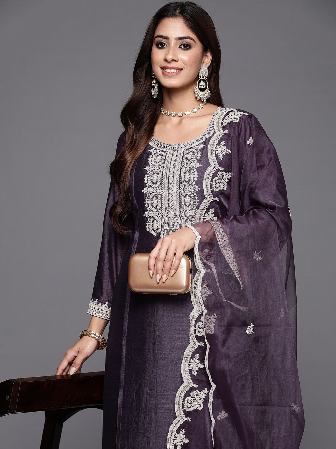 Dhiyona IE Women Ethnic Motifs Embroidered Regular Sequined Kurta with Trousers & Dupatta