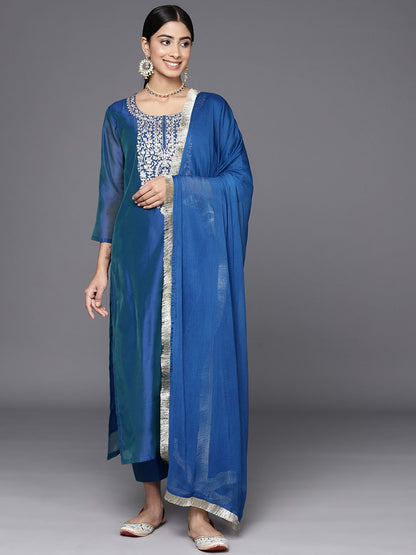 Dhiyona VA Women'sEthnic Motifs Embroidered Regular Chanderi Silk Kurta with Trousers & With Dupatta