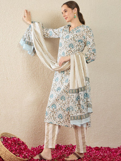 Women Ethnic Motifs Printed Regular Pure Cotton Kurta with Trousers & With Dupatta
