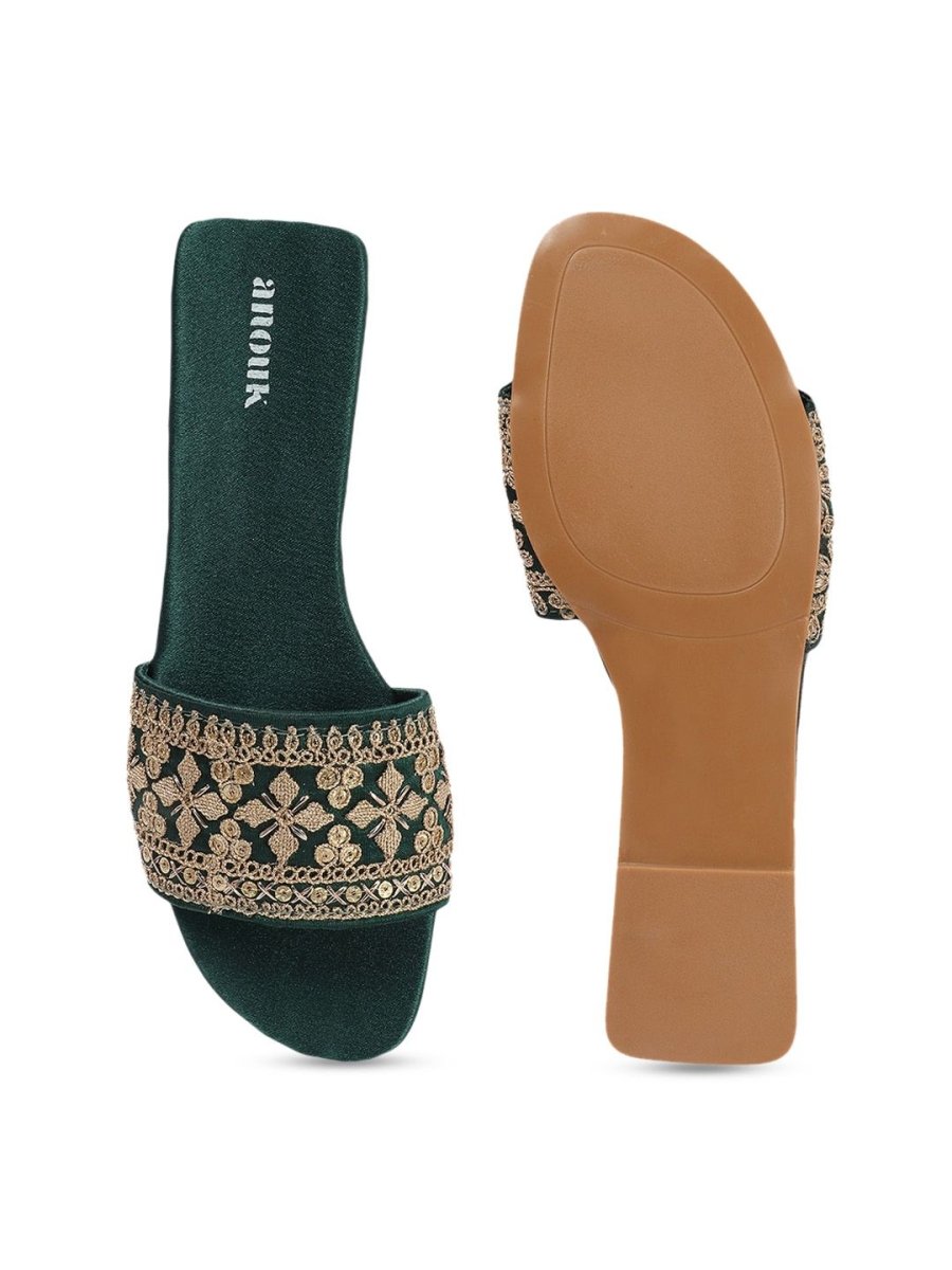 Dhiyona AK Green Embellished Open Toe Flats