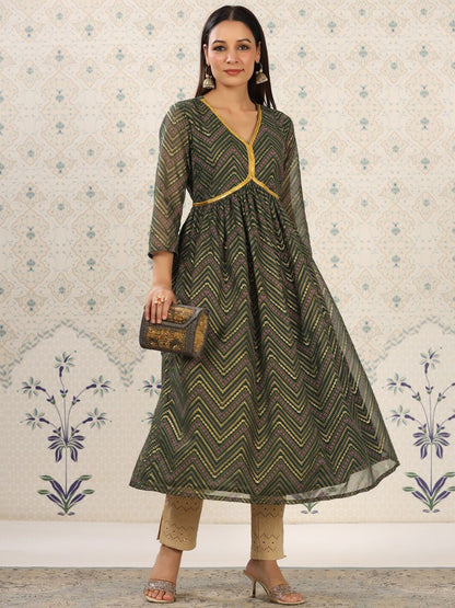 Dhiyona OD  Ethnic Motifs Printed V-Neck Thread Work Empire Anarkali Kurta
