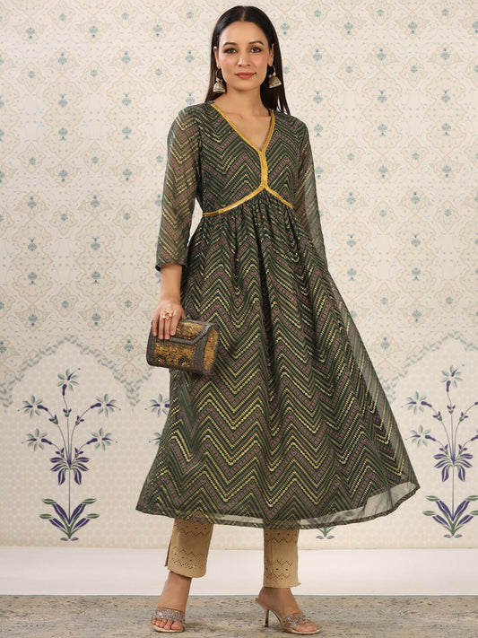 Dhiyona OD  Ethnic Motifs Printed V-Neck Thread Work Empire Anarkali Kurta