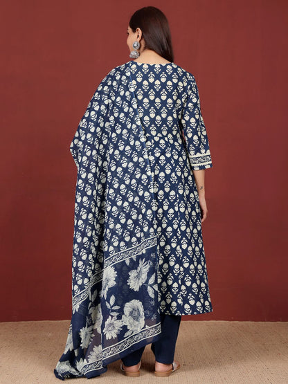 Dhiyona VA Women'sFloral Printed V-Neck Gotta Patti Pure Cotton A-Line Kurta With Trousers & Dupatta