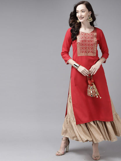 Dhiyona IE Women Red Ethnic Motifs Yoke Design Thread Work Straight Kurta