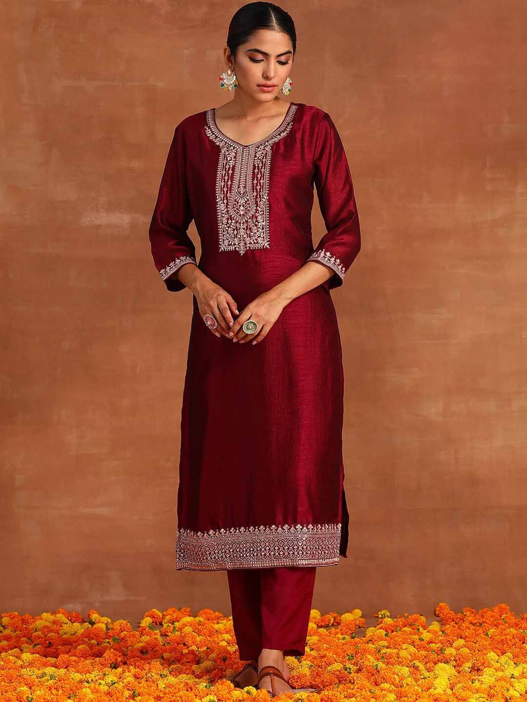 Dhiyona IE Floral Yoke Design Sequinned Straight Kurta With Trouser & Dupatta