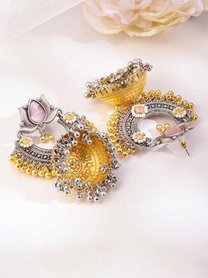 Dhiyona RJ Women's Silver & Gold Dual-Plated Oxidised Long Lotus Motif Pink Stone Jhumka Earrings
