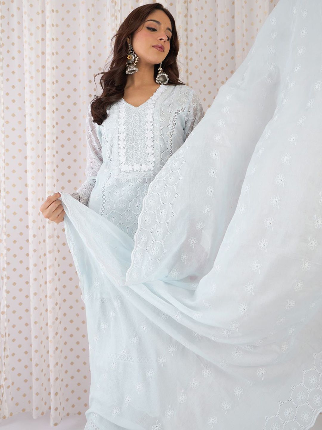 Women Ethnic Motifs Thread Work Pure Cotton Kurta with Trousers & With Dupatta