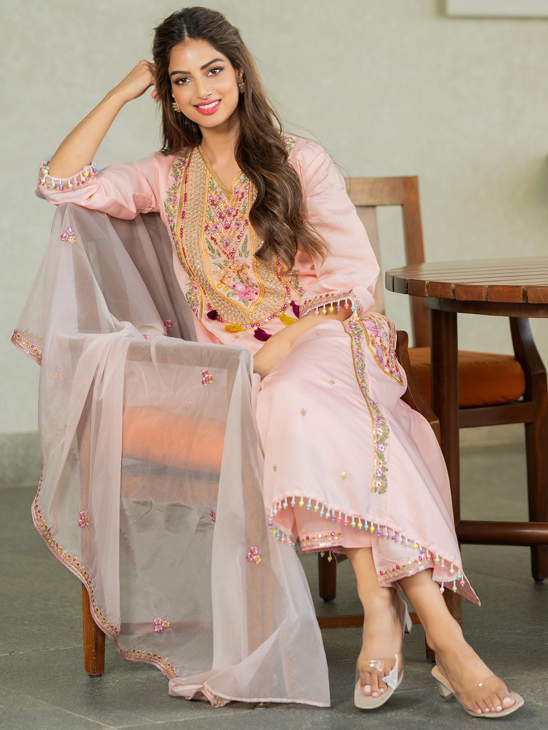 Dhiyona IE Floral Embroidered V-Neck Sequinned A-Line Kurta With Trousers & Dupatta