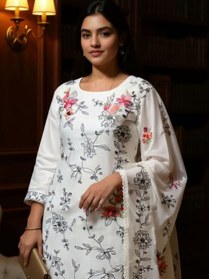 Floral Printed Round Neck Straight Kurta With Trousers & Dupatta