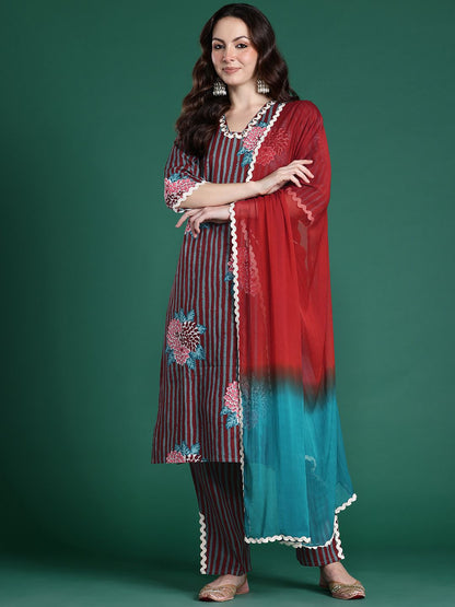 Dhiyona IE Floral Striped Pure Cotton Kurta with Trousers & Dupatta