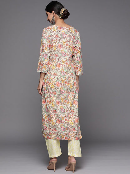 Dhiyona VA Women's Beige Floral Printed Beads and Stones Pure Cotton Kurta with Trousers