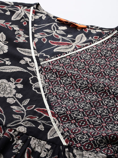 Floral Printed Angrakha Gotta Patti Pure Cotton Kurta Set & Dupatta