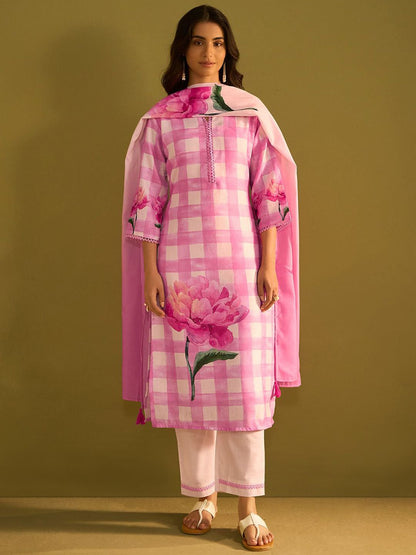 Dhiyona IE Checked V-Neck Linen Straight Kurta With Trousers & Dupatta