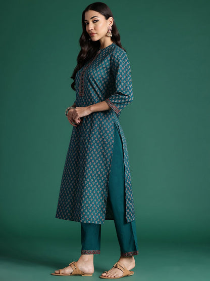 Dhiyona IE Ethnic Motifs Printed Pure Cotton Kurta With Trousers & Dupatta