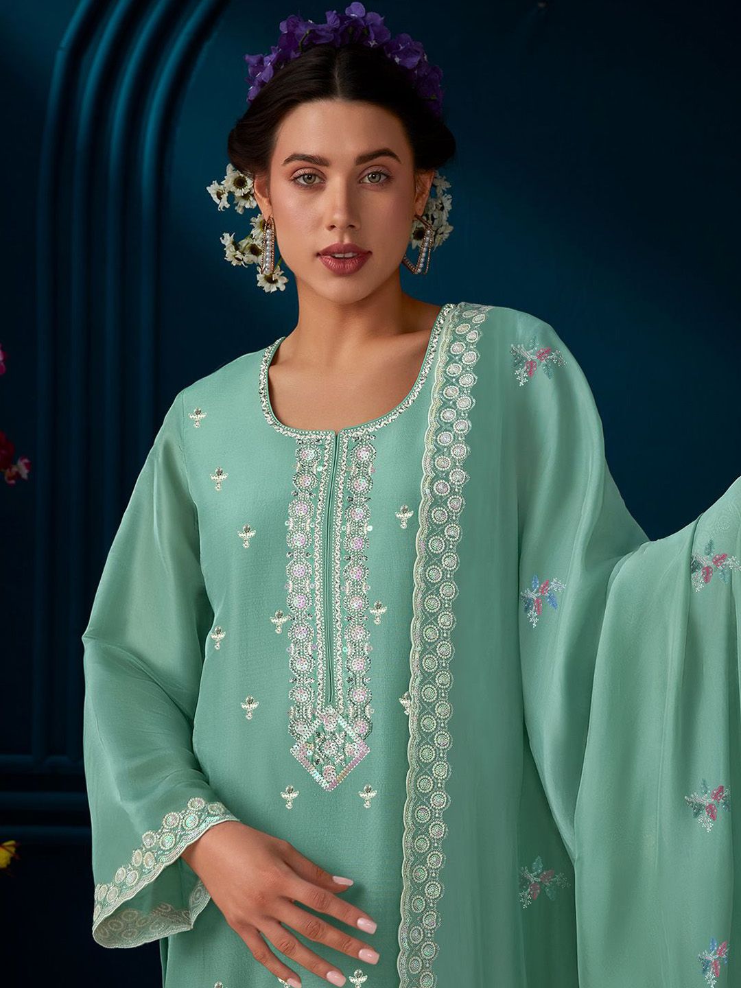 Ethnic Motifs Embroidered Straight Kurta With Trouser & Dupatta