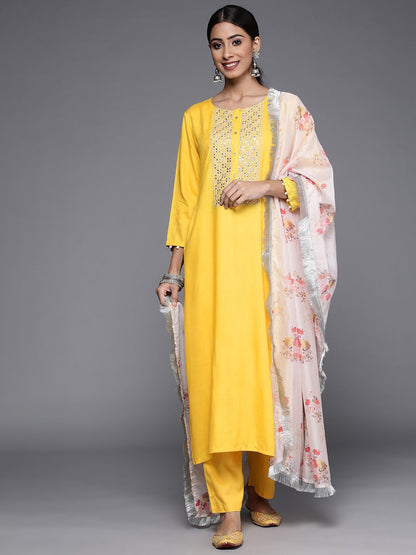 Dhiyona VA Women's Yellow Yoke Design Mirror Work Kurta with Trousers & Dupatta