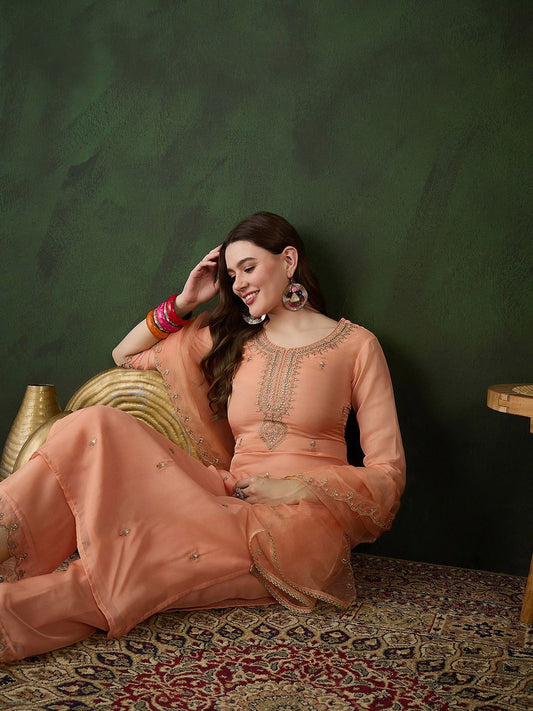 Dhiyona SN Women's Peach Floral Embroidered Zari Straight Kurta With Trouser And Dupatta