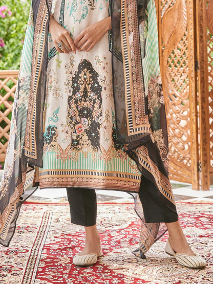 Dhiyona WP Ethnic Motifs Printed Mirror Work Straight Kurta With Trousers & Dupatta
