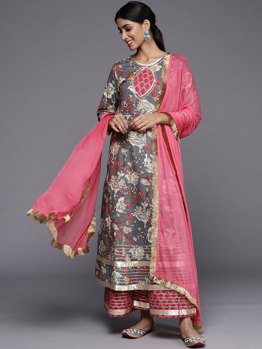 Dhiyona VA Women's Grey Floral Printed Gotta Patti Pure Cotton Kurta with Sharara & With Dupatta
